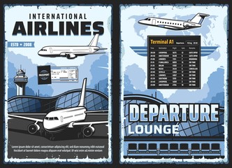 Wall Mural - Airport and airplanes of international airlines vector design of air travel, aircraft and passenger transportation. Departure or arrival terminal with passport, tickets, planes and traffic tower