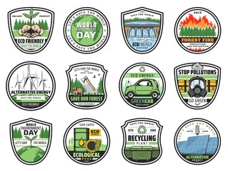 Sticker - Eco and green energy vector badges of ecology and environment protection design. Earth globe, nature plant and tree, light bulb, electric car and recycle symbol, solar panel and wind turbine