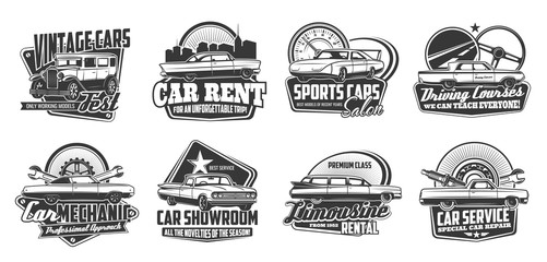 Retro car vector badges of auto service and race sport design. Automobiles and classic muscle cars with mechanic garage tools, vehicle engine spare parts, spanner and wrench, gear, break and wheel