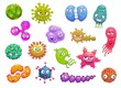 Virus, bacteria and germ vector characters of cute cartoon infectious disease monsters and microbes, flu, coronavirus, influenza and adenovirus, rotavirus and papillomavirus. Medicine and microbiology