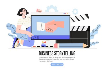 Video or digital storytelling for business or social media vector illustration for banner, ui. Girl designer use digital tools to tell story or present an idea in video format to share in internet.