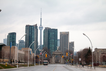 Toronto skyline from The Exhibition Centre in Toronto. CN Tower. Cloudy day.