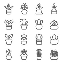 Plant Icon Set Vector Illustration. Contains Such Icon As Cactus, Leaf, Flower Pot, Implant, Aloe, Botany And More. Expanded Stroke