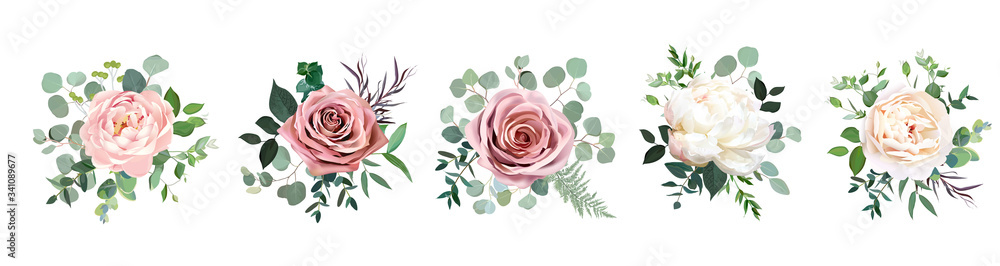 Dusty pink blush, white and creamy rose flowers vector design wedding bouquets - obrazy, fototapety, plakaty 