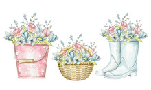 Set With Bucket, Wicker Basket And Gumboots With Bouquet Vintage Spring Flowers Isolated On White Background. Watercolor Hand Drawn Illustration