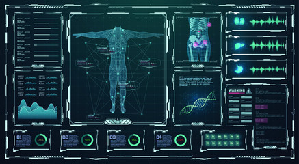 Head Up Display (HUD) UI,GUI for medical app. Futuristic virtual graphic modern Medical HUD Interface. Medical infographic. Hi-Tech, Research of human health. Diagnostic Scan, liver, kidney,lungs, DNA