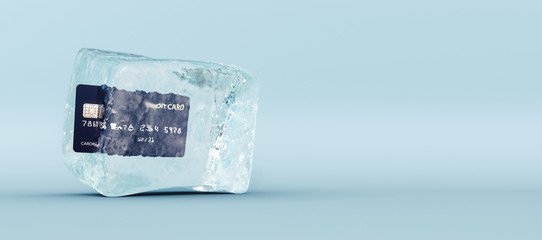 Credit card frozen in ice cube on blue background 3D Rendering