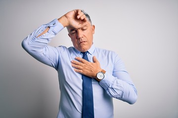 Poster - Middle age handsome grey-haired business man wearing elegant shirt and tie Touching forehead for illness and fever, flu and cold, virus sick