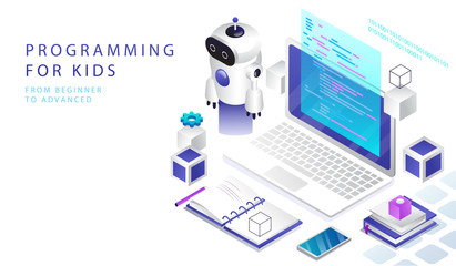 Concept Of Isometric 3D STEM Education, Online Courses For Children. Website Landing Page. Programming Courses, Robotics For Children, Computer Programming Camp. Web Page Cartoon Vector Illustration