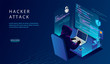 Isometric Internet And Personal Data Hacker Attack Concept. Website Landing Page. The Hacker at The Computer Trying To Hack Security. Credit Card, Bank Account Hacking. Web Page Vector Illustration