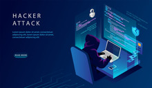 Isometric Internet And Personal Data Hacker Attack Concept. Website Landing Page. The Hacker At The Computer Trying To Hack Security. Credit Card, Bank Account Hacking. Web Page Vector Illustration