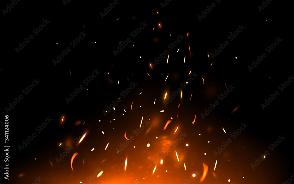 Fire sparks and particles on dark backdrop. Realistic bonfire with heat ...