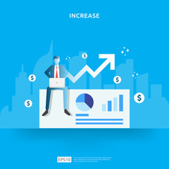 salary rate increase with growth up arrow and people character. business profit grow or income margin management revenue. Finance statistic performance of return on investment ROI illustration concept