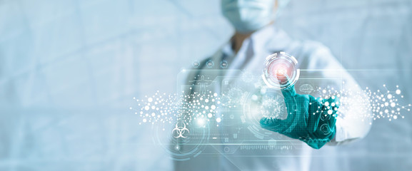 medicine doctor push stop button outbreak and pandemic of coronavirus or covid-19 on virtual screen,