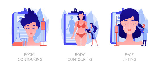 Poster - Cosmetological procedures, contour plastic, anaplasty, rejuvenation and weight loss. Facial contouring, body contouring, face lifting metaphors. Vector isolated concept metaphor illustrations.