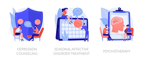 Wall Mural - Psychology and psychiatry, mental disorder therapy. Depression counseling, seasonal affective disorder treatment, psychotherapy metaphors. Vector isolated concept metaphor illustrations.