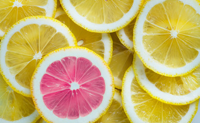 Canvas Print - Closeup of slices of lemon and one pink slice standing out textured background
