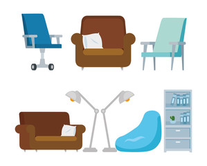 Canvas Print - set chairs with couches and icons vector illustration design