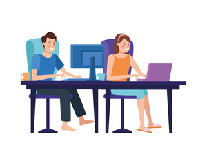 Wall Mural - couple in desktop working characters