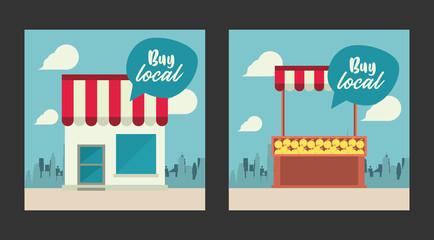 Canvas Print - shop local poster with store building and oranges kiosk