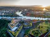 Fototapeta  - Aerial View of Ehrenbreitstein fortress and Koblenz City in Germany during sunset