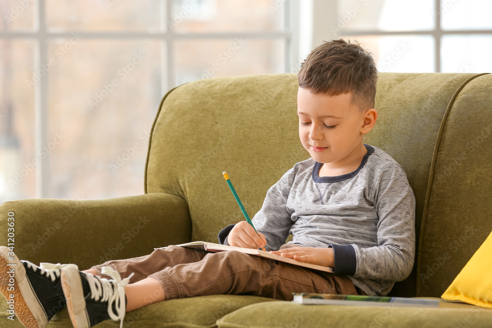 Cute little boy with notebook sitting on sofa at home