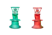 A Red And A Green Light Buoy Isolated Against A White Background. The Buoys Are Equipped With A Flashing Light At The Top. The Large Buoys Are Suitable For Sea And Ocean Waterways.