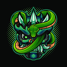 Oni Head Mascot Logo With Green Snake