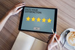 Rate your experience. Customer satisfaction review. Five star on device screen. Business Service quality control concept
