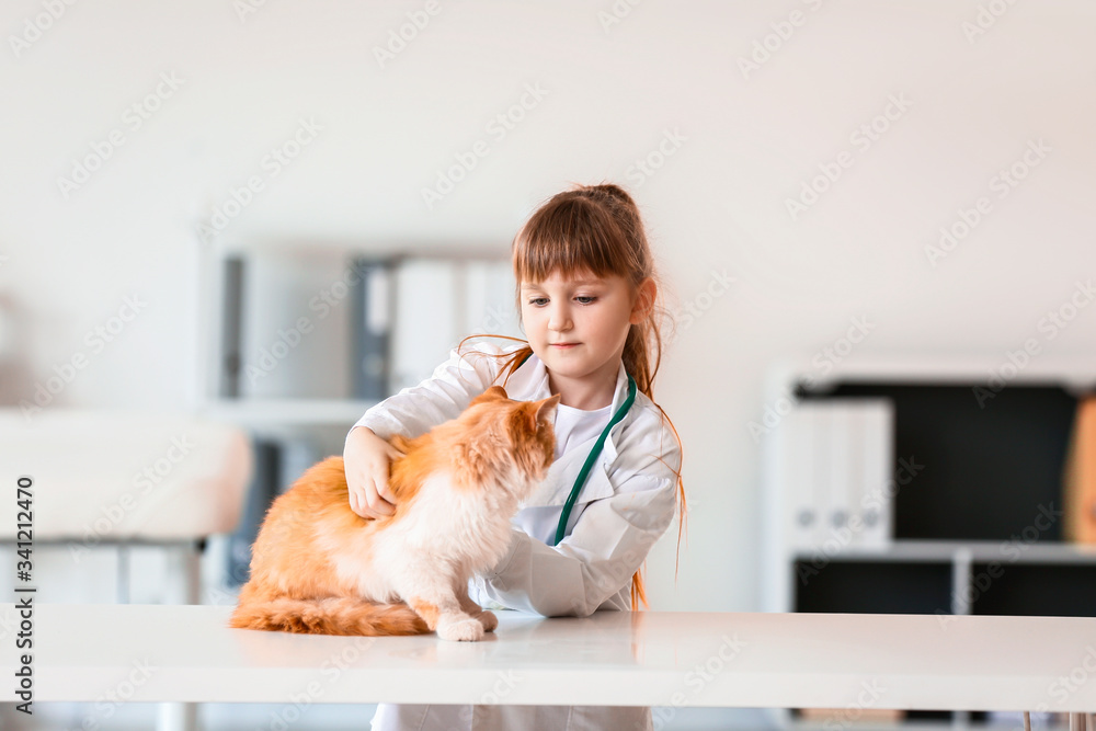 Little veterinarian examining cute cat in clinic