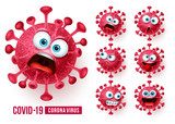 Fototapeta  - Covid19 corona virus emojis vector set. Covid-19 coronavirus emojis and emoticons with scary and angry facial expressions in white background. Vector illustration.

