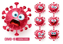 Covid19 Corona Virus Emojis Vector Set. Covid-19 Coronavirus Emojis And Emoticons With Scary And Angry Facial Expressions In White Background. Vector Illustration.
