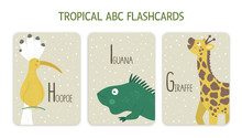 Colorful Alphabet Letters G, H, I. Phonics Flashcard With Tropical Animals, Birds, Fruit, Plants. Cute Educational Jungle ABC Cards For Teaching Reading With Funny Hoopoe, Giraffe, Iguana..