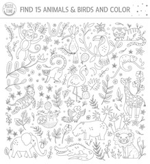 Tropical black and white searching game for children with cute funny characters. Find hidden animals and birds in the jungle and color. Fun coloring page for kids.