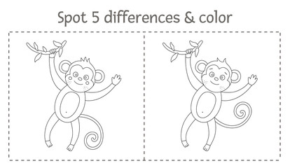 Wall Mural - Tropical find differences and color game for children. Summer black and white tropic preschool activity with monkey. Fun coloring page for kids.