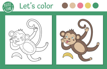 Wall Mural - Tropical coloring page for children. Vector monkey illustration. Cute funny animal character outline. Jungle summer color book for kids with colored version and example.