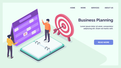 Wall Mural - business planning discussion concept for website template landing homepage with modern isometric fla