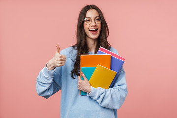 Sticker - Portrait of a cheerful girl with long curly brunette hair