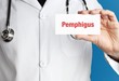Pemphigus. Doctor in smock holds up business card. The term Pemphigus is in the sign. Symbol of disease, health, medicine