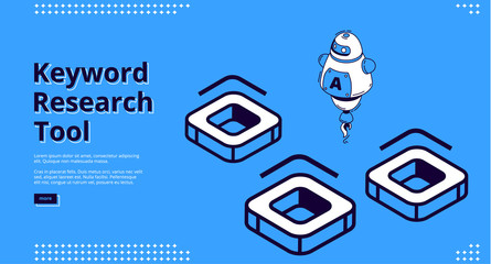 Wall Mural - keyword research tool banner with isometric icons on blue background. vector landing page of seo opt