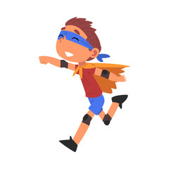 Sticker - Smiling Boy Running Wearing Superhero Costume, Cute Kid Playing Dress Up Game Cartoon Vector Illustration