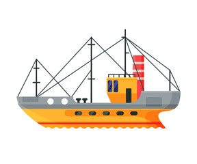 Sticker - Fishing Boats, Commercial Fishing Trawler, Industrial Seafood Production, Water Transport, Sea or Ocean Transportation Vector Illustration