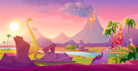 dinosaurs at erupting volcano landscape. prehistoric volcanic eruption background, palm trees sky wi