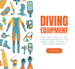 Sticker - Scuba Diving Equipment Landing Page Template with Professional Accessories, Water Active Sport Vector Illustration