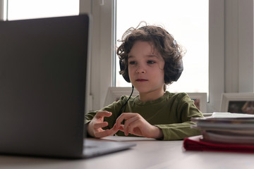 Education at home. Cute curly boy has school lesson online.