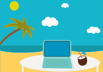 Freelance.  Working space on the tropical island with laptop and cocktail