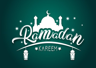 Wall Mural - Ramadan Kareem islamic design, white mosque silhouette and two hanging lanterns, on a starry green background.