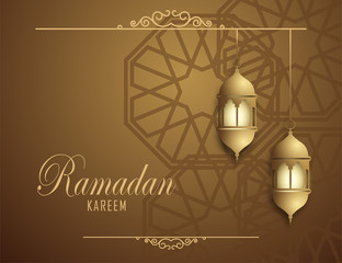 Wall Mural - Ramadan Kareem islamic design, two lanterns that hang gold, on a brown background and islamic geometric pattern.