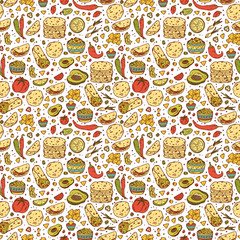 Mexican tradition Food Vector Seamless pattern. Hand drawn doodle corn tortilla, taco, burritos, guacamole, nachos corn chips, Vegetables
