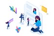© elizaliv - Isometric girl makes a resume, aspirant, job seeker concept, bright color. Concept for web design